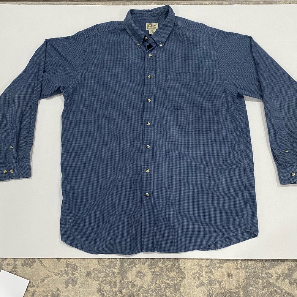 LL Bean Shirt Mens XLT Blue Check Long Sleeve Button Down Wool Cotton Blend